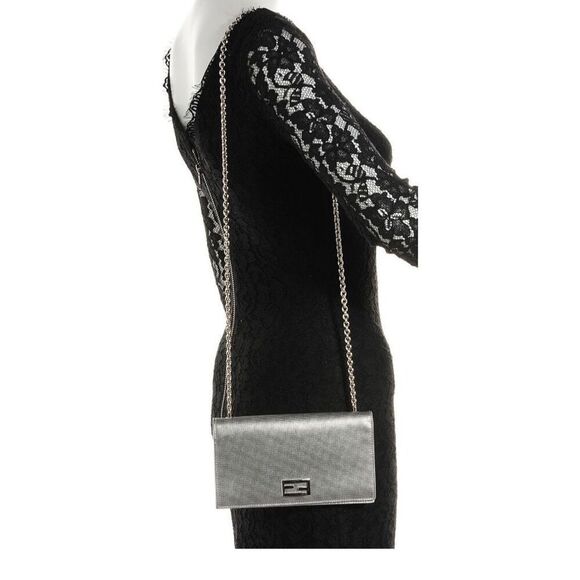 FENDI Metallic Calfskin Wallet On Chain Silver Clutch Purse AUTHENTIC $3800 - Picture 1 of 15